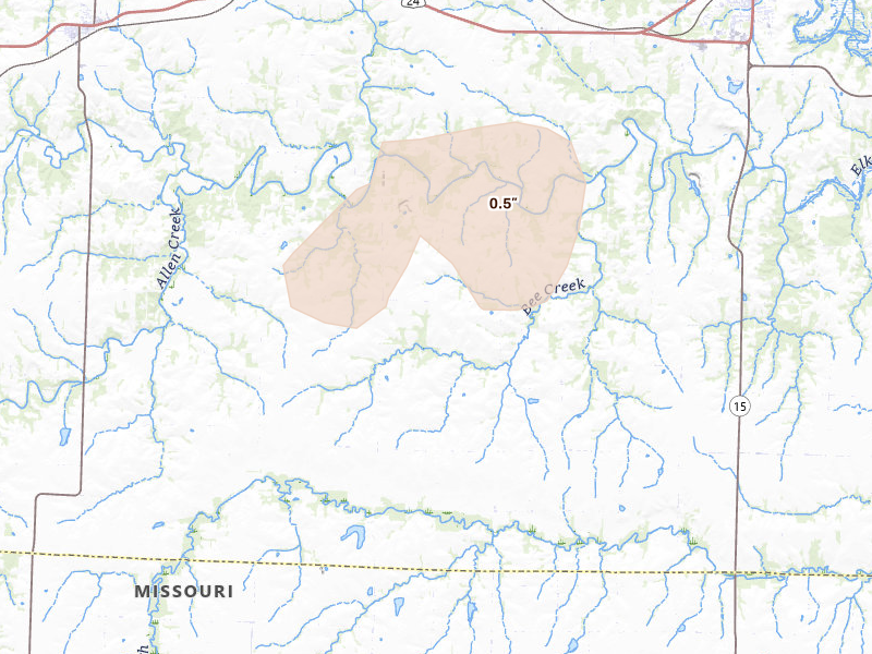 Radar-estimated hail-size map of the storm over Madison, MO on Jul 31, 2026