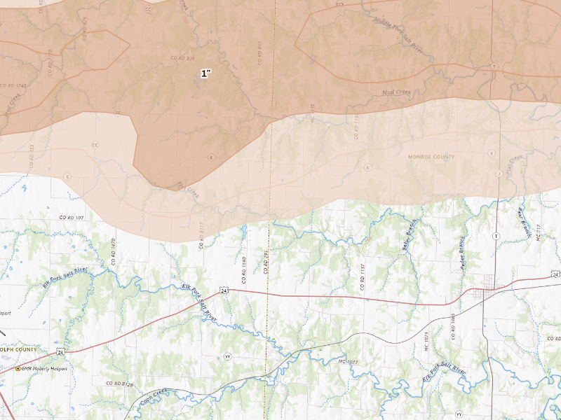Radar-estimated hail-size map of the storm over Madison, MO