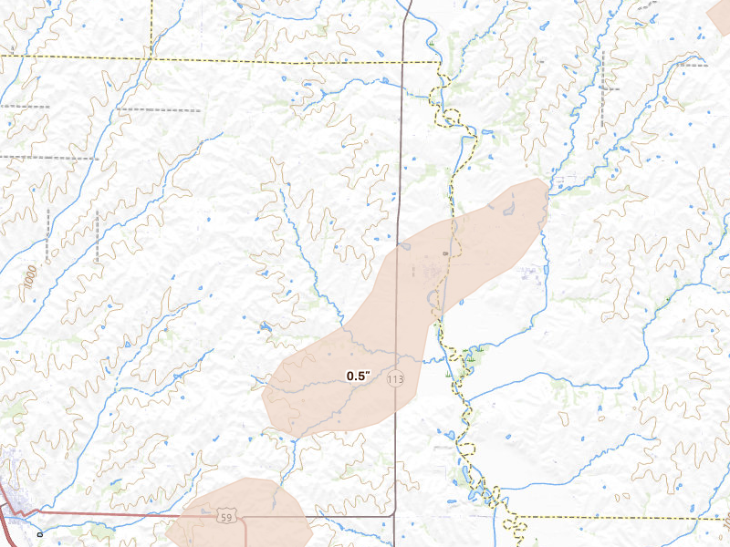 Radar-estimated hail-size map of the storm over Maitland, MO on Mar 5, 2026