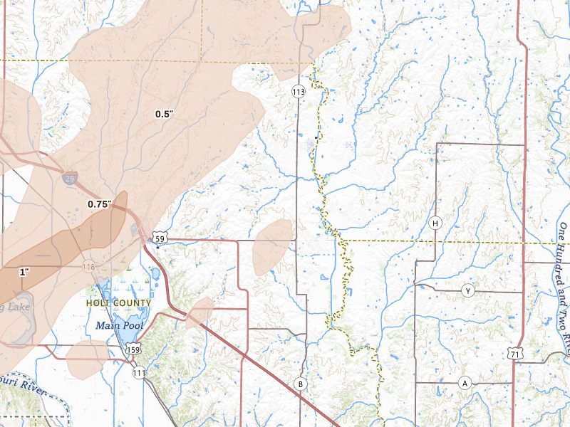 Radar-estimated hail-size map of the storm over Maitland, MO on Apr 23, 2026