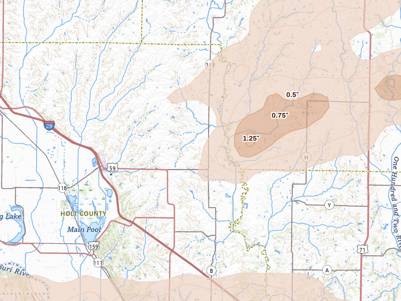 Radar-estimated hail-size map of the storm over Maitland, MO on Jun 10, 2026
