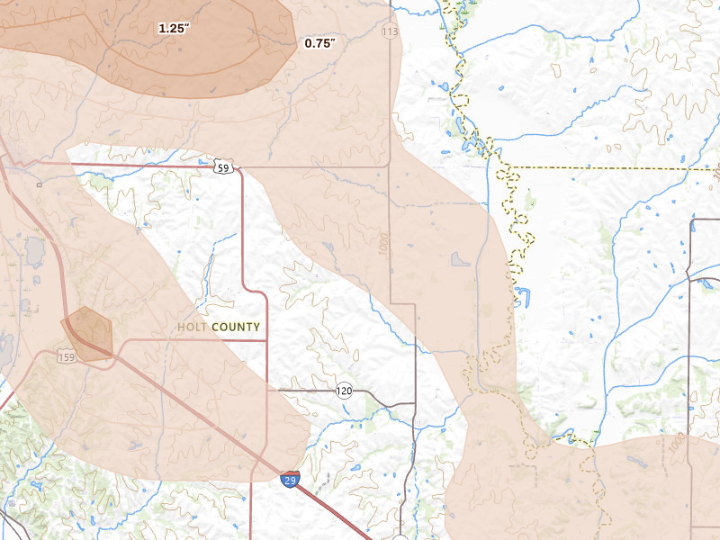 Radar-estimated hail-size map of the storm over Maitland, MO on Aug 19, 2026