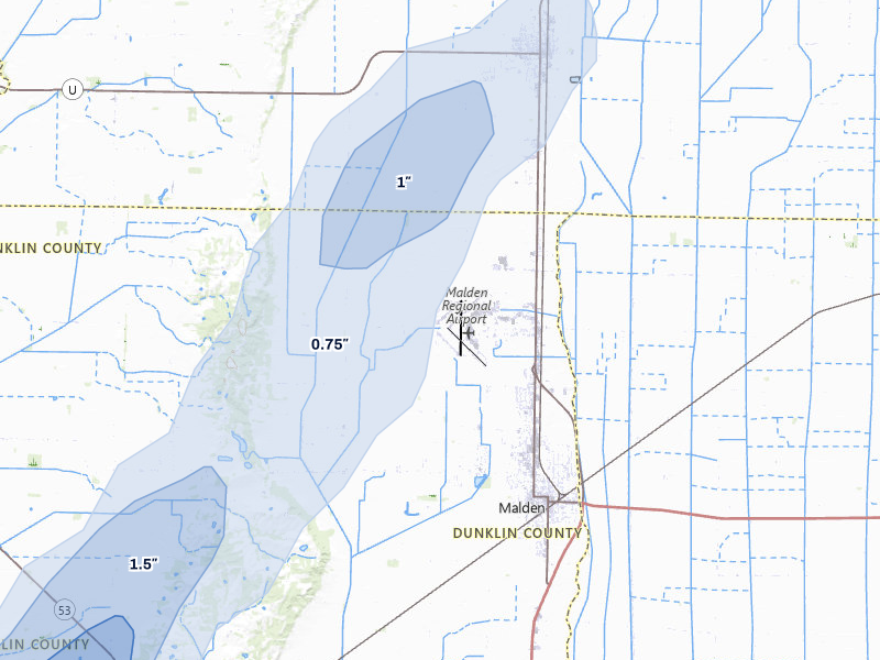 NEXRAD radar-signature map of the hail over Malden, MO