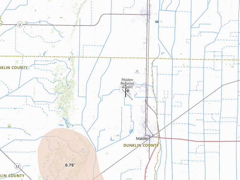 Radar-estimated hail-size map of the storm over Malden, MO on May 31, 2026