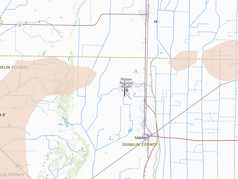 Radar-estimated hail-size map of the storm over Malden, MO on Jul 9, 2026