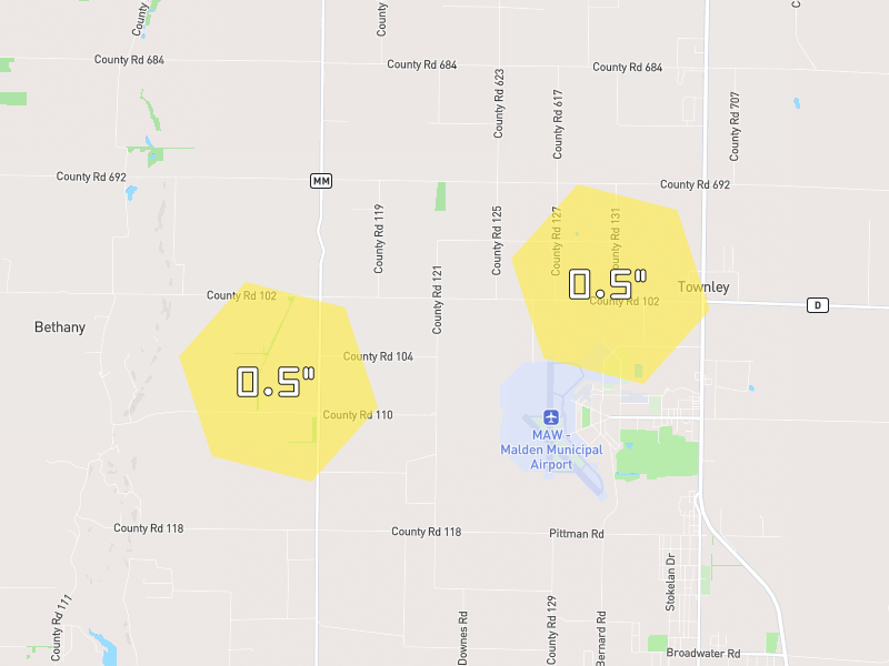 Hail map of Malden, MO on Jul 9, 2026, hail up to 0.5"