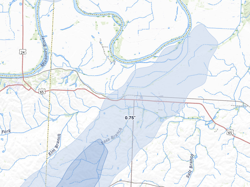 NEXRAD radar-signature map of the hail storm over Malta Bend, MO on Apr 17, 2026