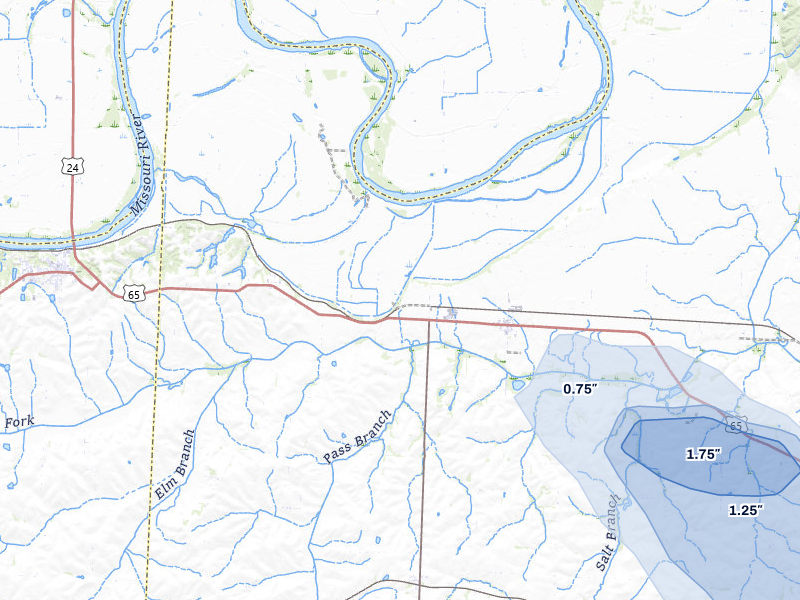 NEXRAD radar-signature map of the hail storm over Malta Bend, MO on Jul 10, 2026