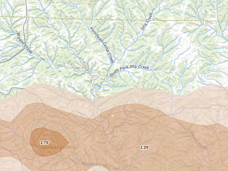 Radar-estimated hail-size map of the storm over Mansfield, MO on Apr 27, 2026
