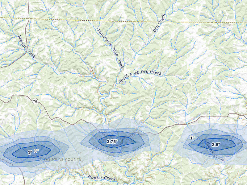 NEXRAD radar-signature map of the hail storm over Mansfield, MO on Apr 27, 2026