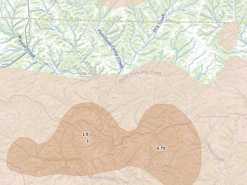 Radar-estimated hail-size map of the storm over Mansfield, MO on Apr 28, 2026