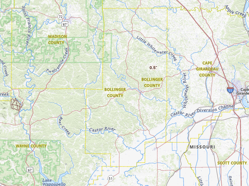 Radar-estimated hail-size map of the storm over Marble Hill, MO on Jul 6, 2026