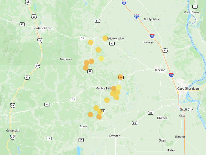 Hail map of Marble Hill, MO on Jul 10, 2026, hail up to 1"