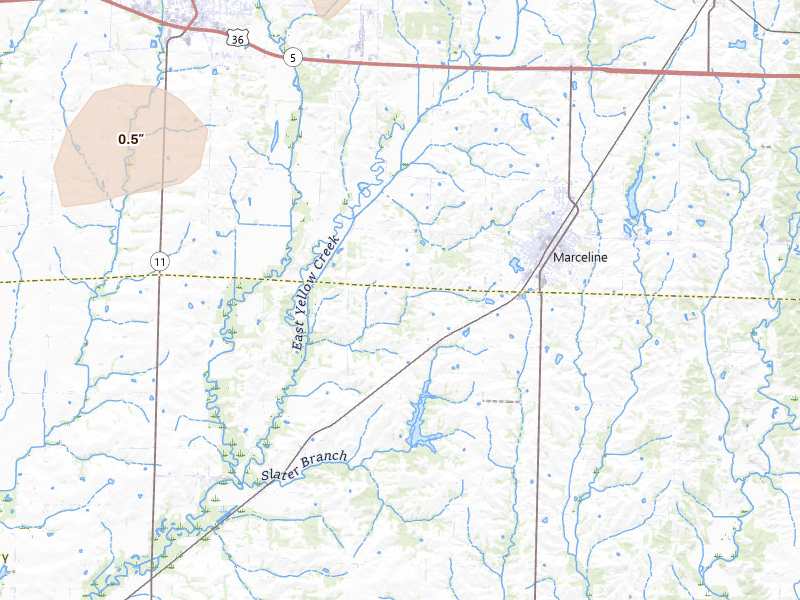 Radar-estimated hail-size map of the storm over Marceline, MO on Apr 17, 2026