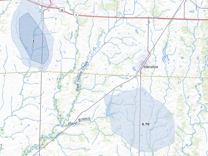 NEXRAD radar-signature map of the hail over Marceline, MO
