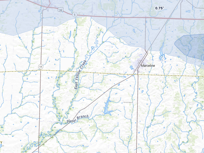 NEXRAD radar-signature map of the hail storm over Marceline, MO on May 4, 2026