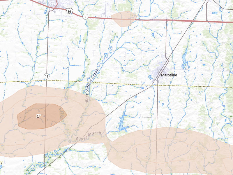 Radar-estimated hail-size map of the storm over Marceline, MO on May 16, 2026