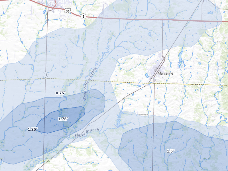 NEXRAD radar-signature map of the hail storm over Marceline, MO on May 16, 2026