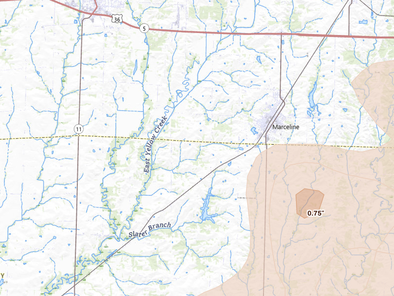 Radar-estimated hail-size map of the storm over Marceline, MO on May 31, 2026