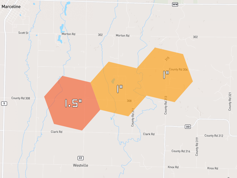 Hail map of Marceline, MO on Jun 1, 2026, hail up to 1.5"