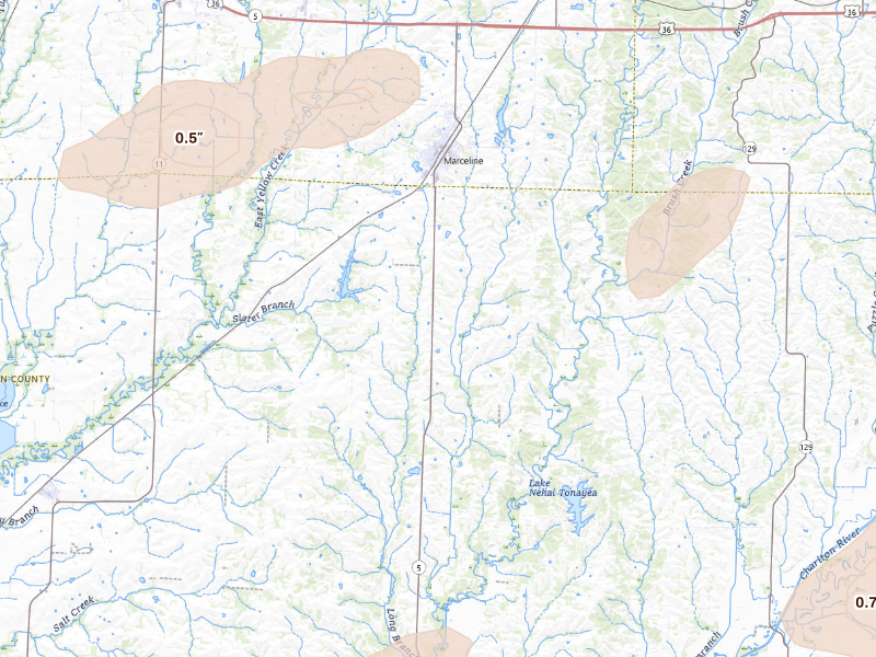 Radar-estimated hail-size map of the storm over Marceline, MO on Sep 15, 2026