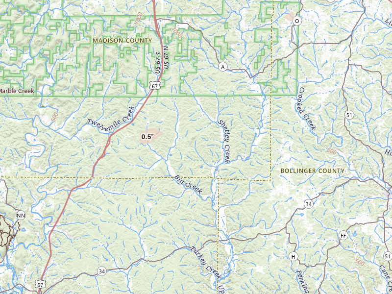 Radar-estimated hail-size map of the storm over Marquand, MO on Mar 4, 2026
