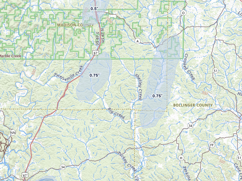 NEXRAD radar-signature map of the hail storm over Marquand, MO on Mar 4, 2026