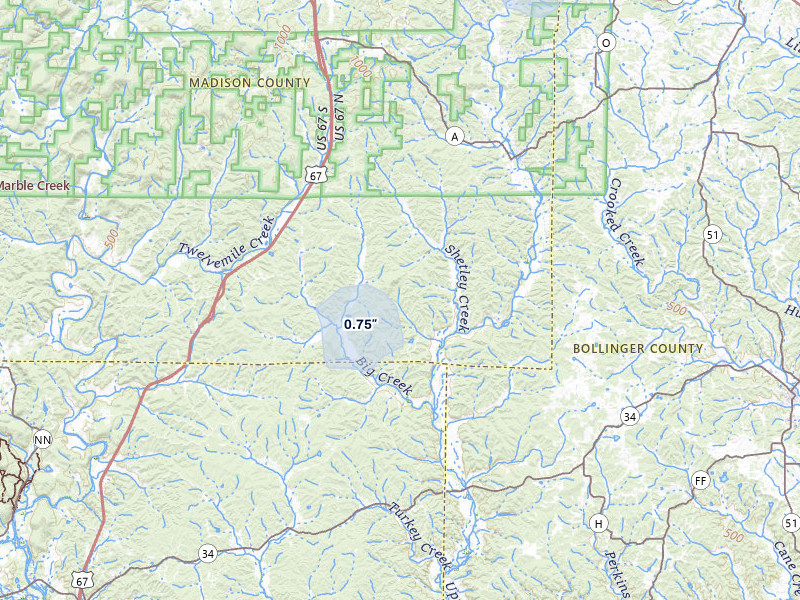 NEXRAD radar-signature map of the hail over Marquand, MO