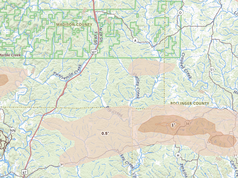 Radar-estimated hail-size map of the storm over Marquand, MO