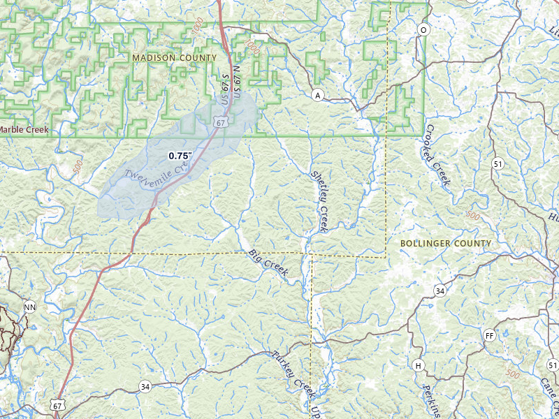 NEXRAD radar-signature map of the hail over Marquand, MO