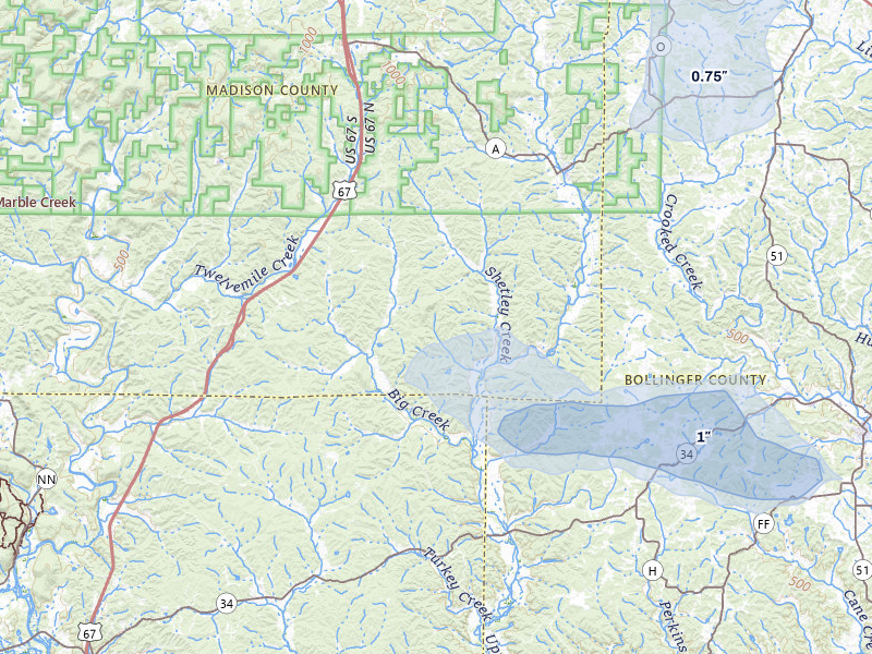NEXRAD radar-signature map of the hail storm over Marquand, MO on Jun 1, 2026
