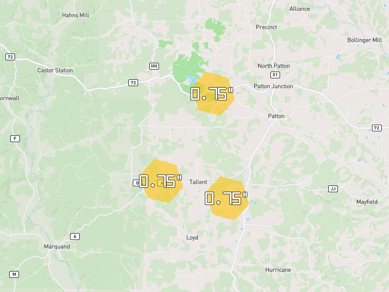 Hail map of Marquand, MO on Jun 1, 2026, hail up to 0.75"