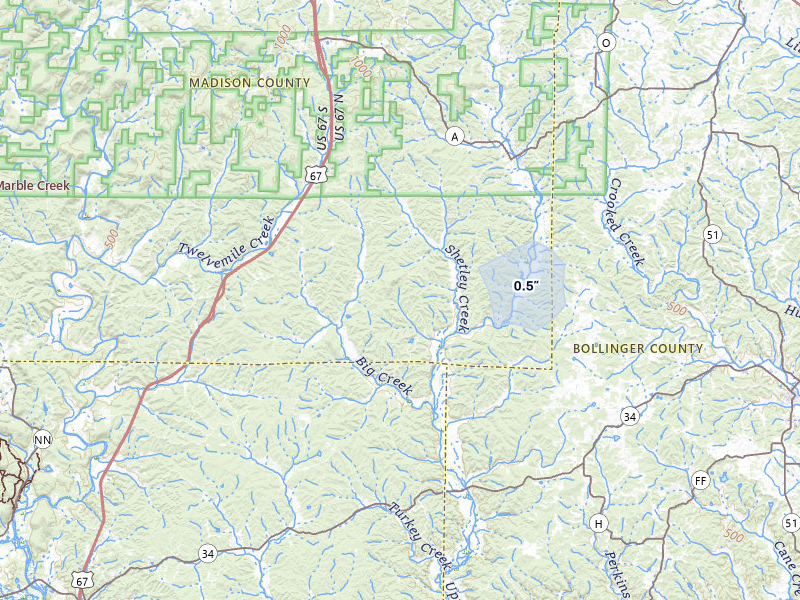 NEXRAD radar-signature map of the hail storm over Marquand, MO on Jul 25, 2026