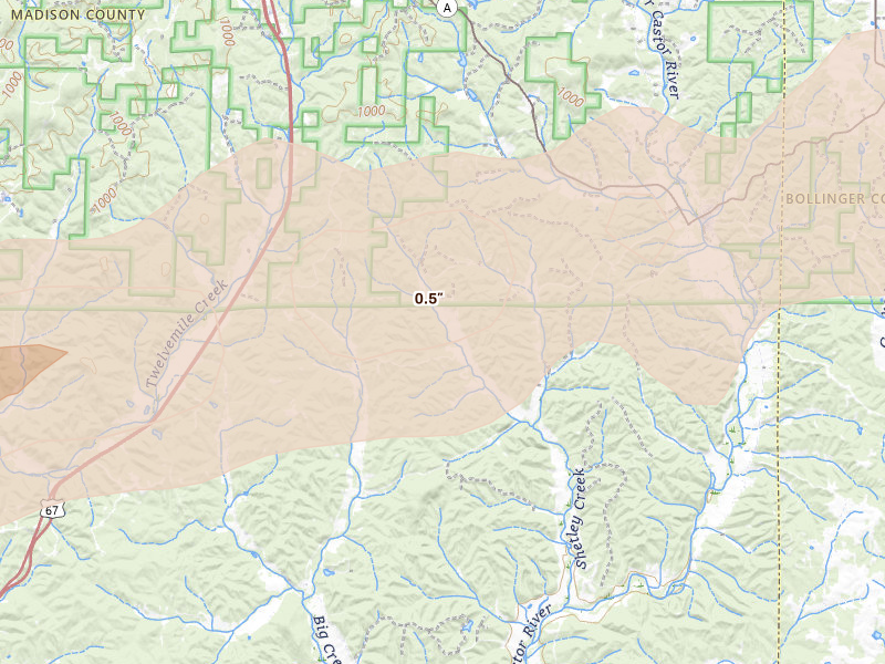 Radar-estimated hail-size map of the storm over Marquand, MO on Aug 19, 2026