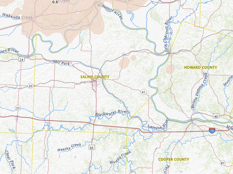 Radar-estimated hail-size map of the storm over Marshall, MO on Apr 26, 2026