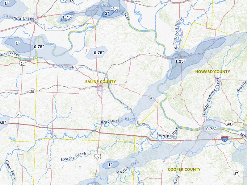 NEXRAD radar-signature map of the hail over Marshall, MO
