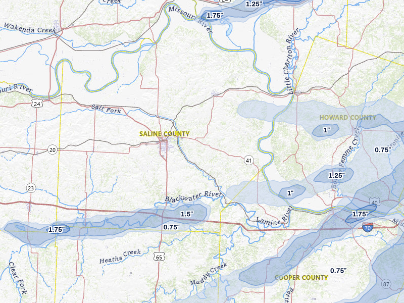 NEXRAD radar-signature map of the hail over Marshall, MO