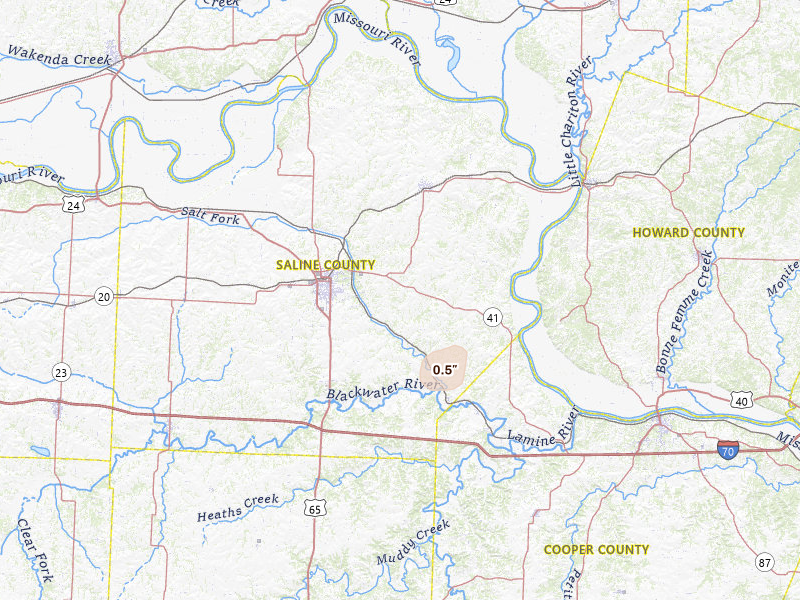 Radar-estimated hail-size map of the storm over Marshall, MO on May 16, 2026