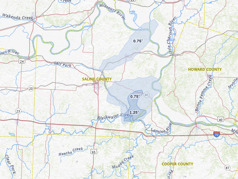 NEXRAD radar-signature map of the hail storm over Marshall, MO on May 16, 2026