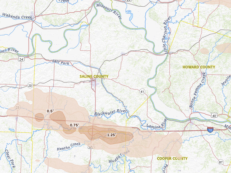 Radar-estimated hail-size map of the storm over Marshall, MO on Jun 17, 2026