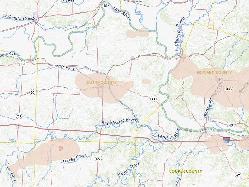 Radar-estimated hail-size map of the storm over Marshall, MO on Jul 10, 2026