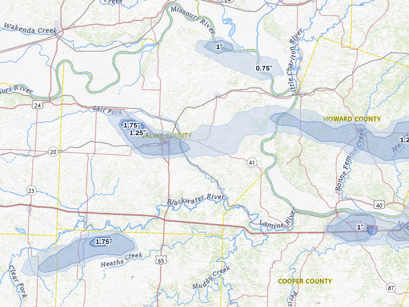 NEXRAD radar-signature map of the hail storm over Marshall, MO on Jul 10, 2026