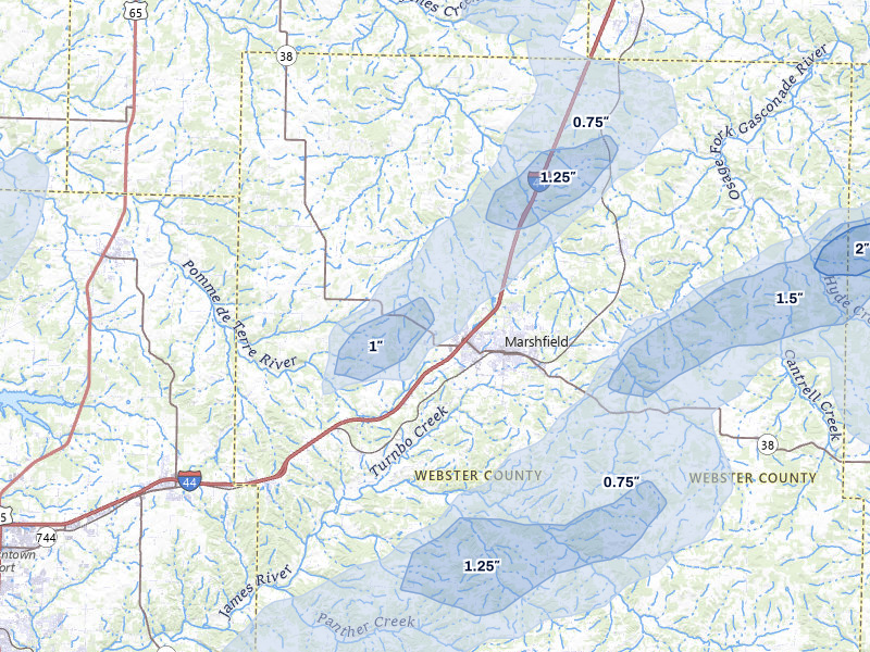 NEXRAD radar-signature map of the hail storm over Marshfield, MO on Mar 4, 2026