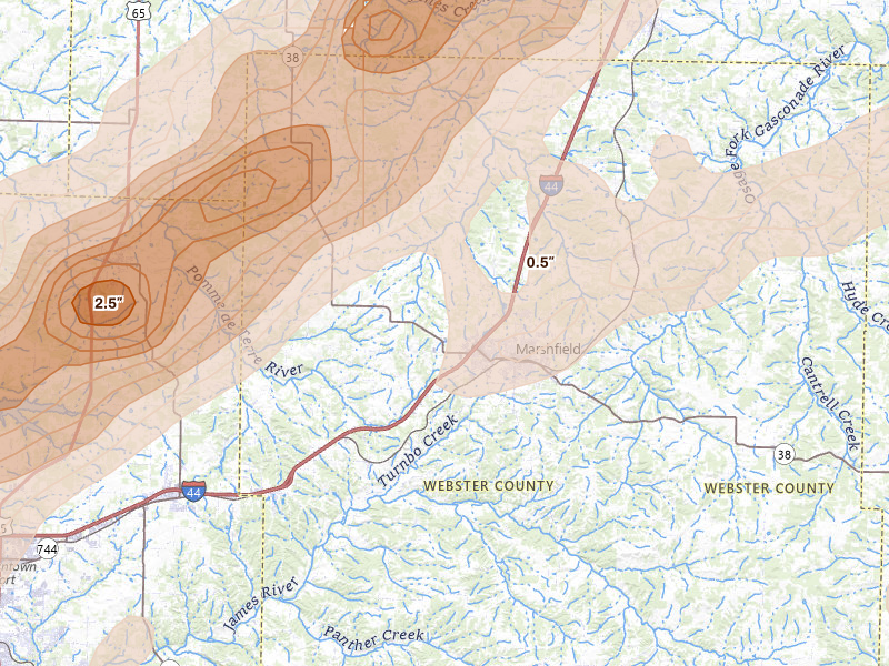 Radar-estimated hail-size map of the storm over Marshfield, MO on Apr 28, 2026