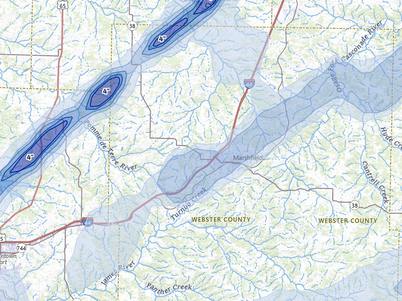 NEXRAD radar-signature map of the hail storm over Marshfield, MO on Apr 28, 2026