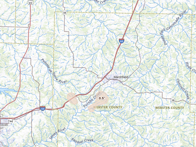 Radar-estimated hail-size map of the storm over Marshfield, MO on Jun 12, 2026