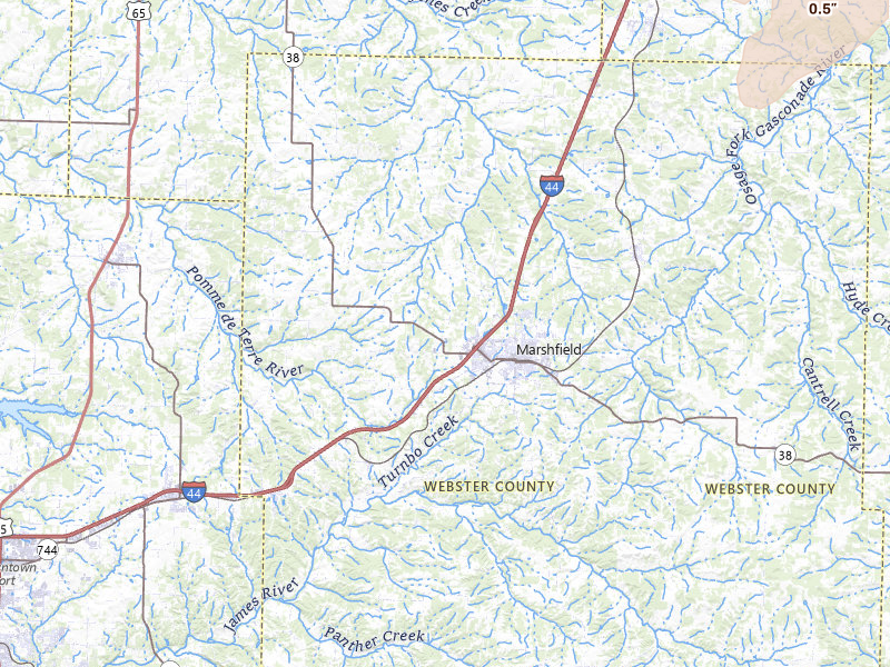 Radar-estimated hail-size map of the storm over Marshfield, MO on Jun 26, 2026