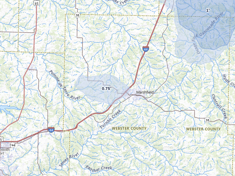 NEXRAD radar-signature map of the hail storm over Marshfield, MO on Jun 26, 2026
