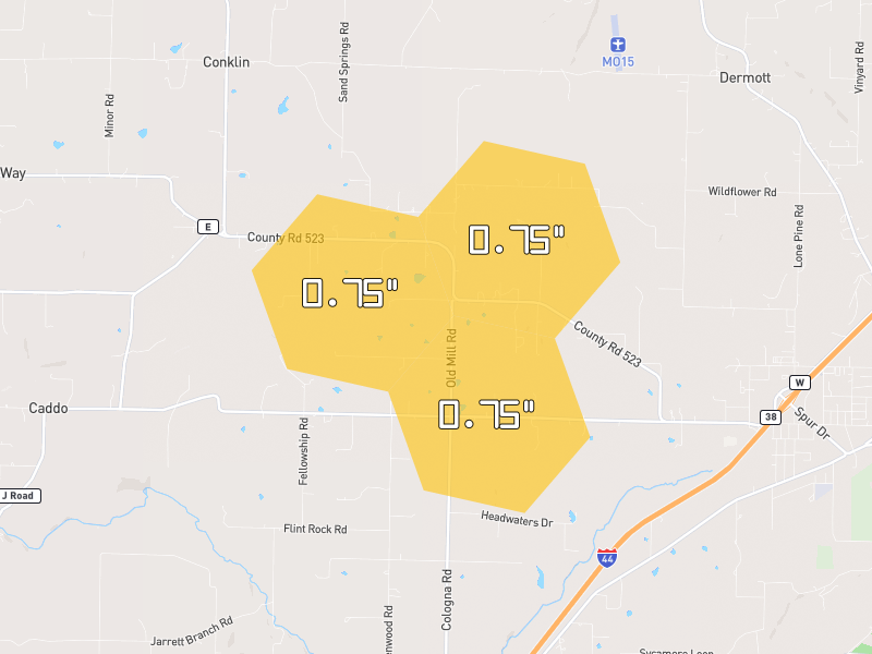 Hail map of Marshfield, MO on Jun 26, 2026, hail up to 0.75"