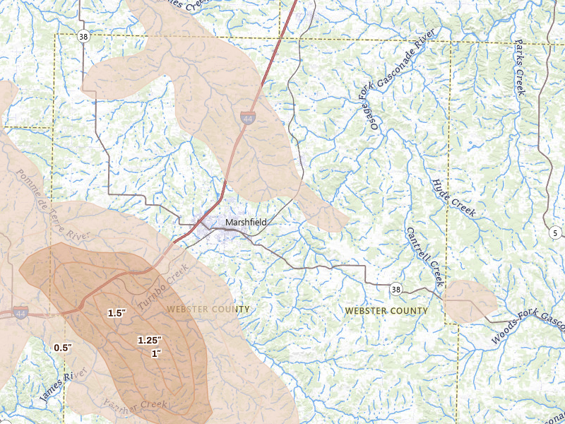 Radar-estimated hail-size map of the storm over Marshfield, MO on Aug 6, 2026